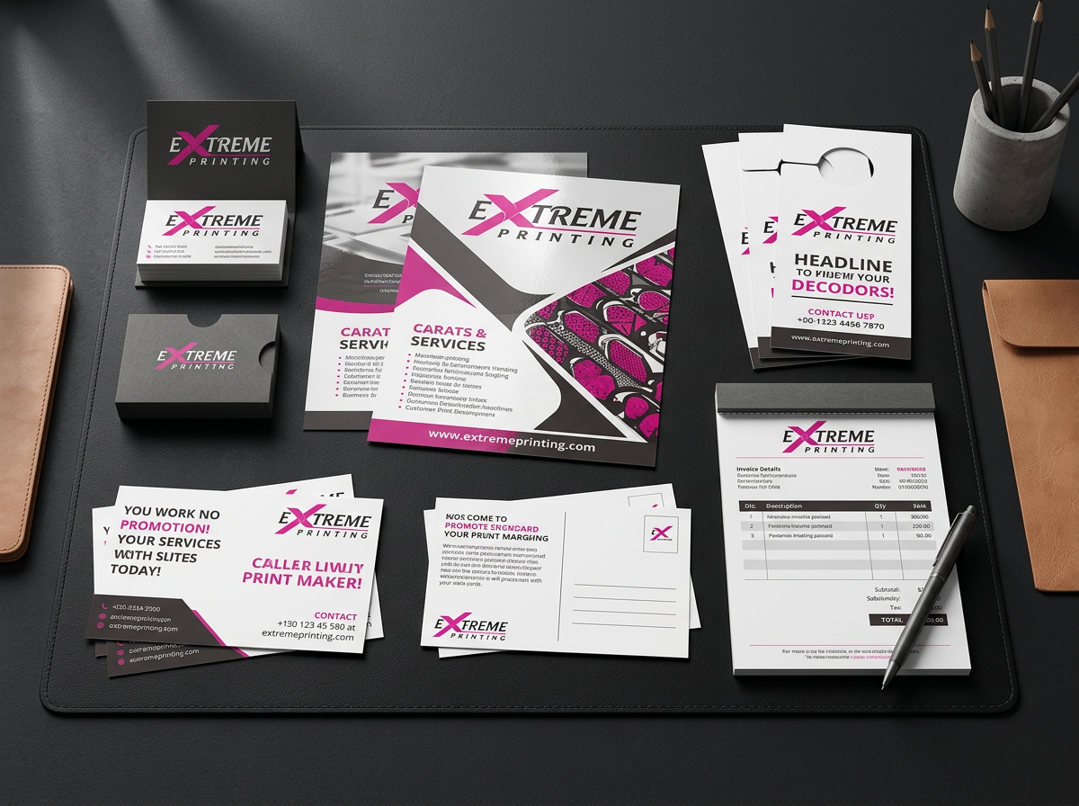 Flat lay of Extreme Printing business cards, flyers, postcards and door hangers