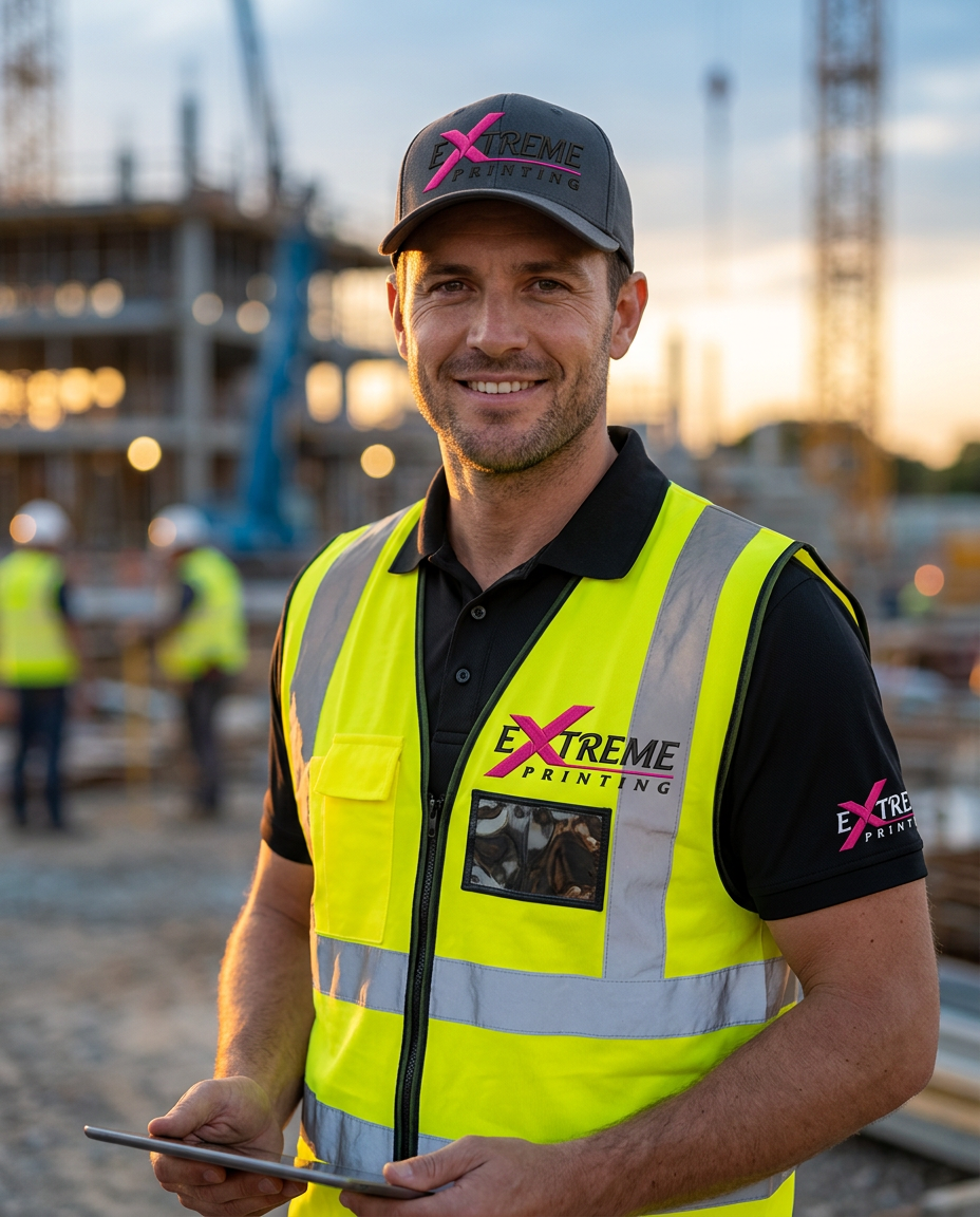 Worker in embroidered Extreme Printing polo and safety vest